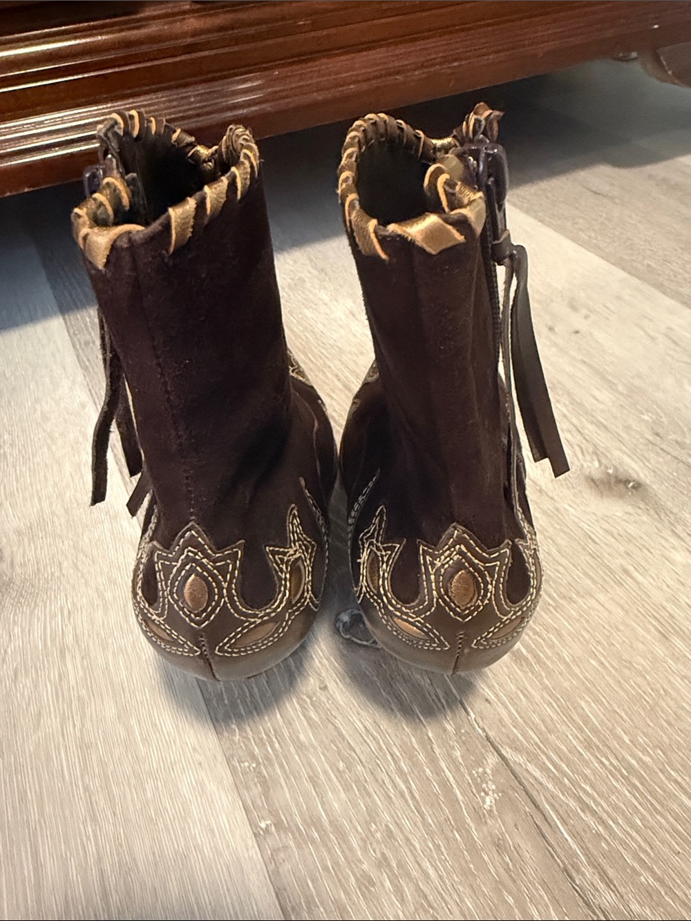 ANTONIO MELANI Dark Brown Suede Western Ankle Boots with Embroidered Toe - Picture 6 of 9